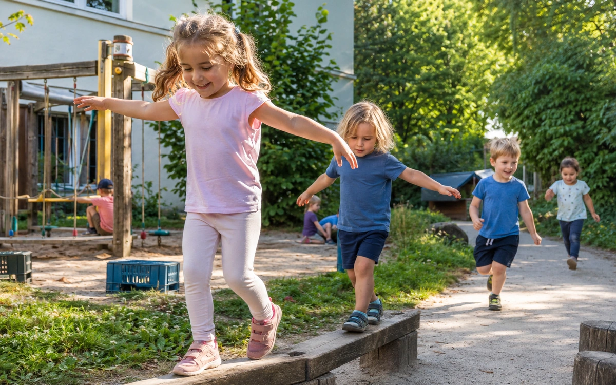 Kinder bewegen sich gemeinsam im Garten