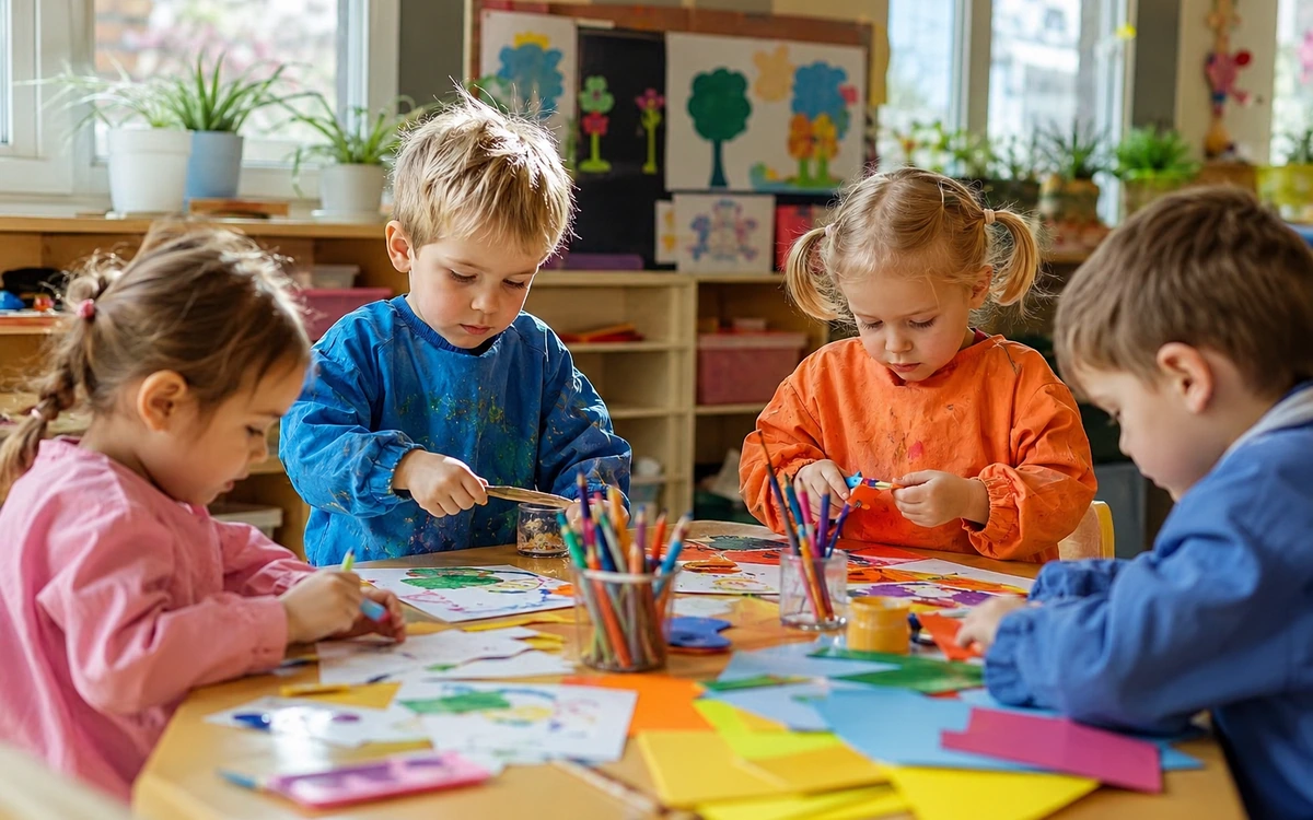 Kinder und Fachkraft beim Bauen und Entdecken